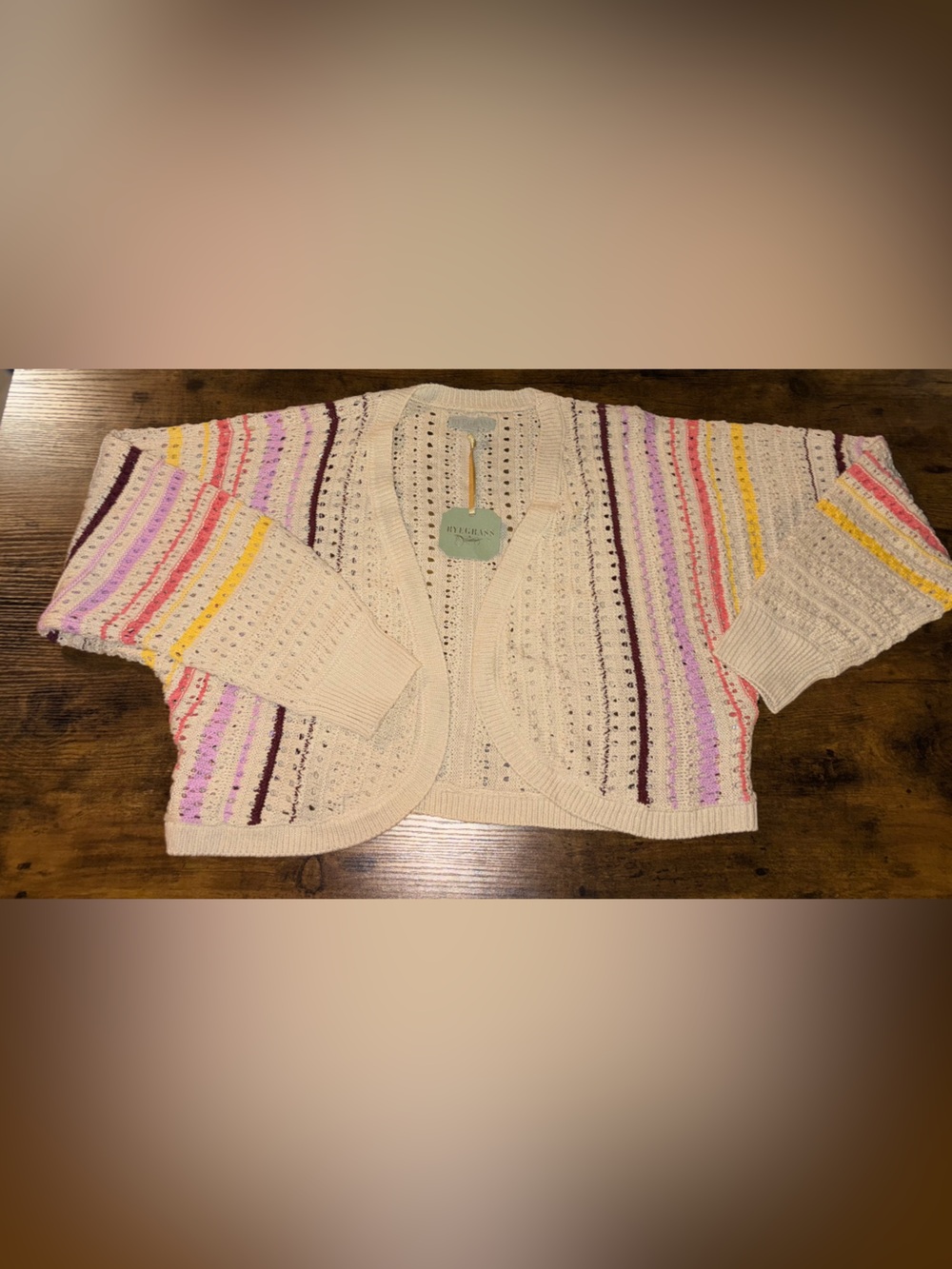 Cream Open-Knit Short Cardigan with Pastel Stripe Accents